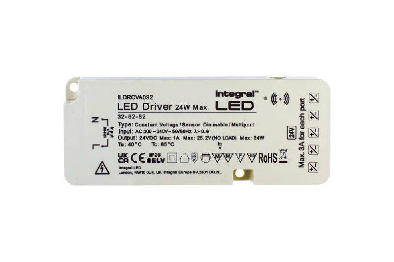 Track lighting with swivel heads for precise aimingConstant Voltage Multiport (5) Dimmable Driver with Sensor, 24W Max, 24VDC, IP20, 200-240V Input, UK Plug