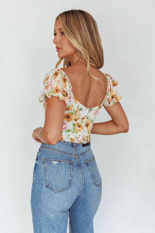 Besito Puff Sleeve Crop Top Floral White/Yellow