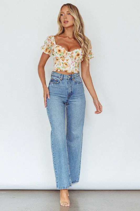 Besito Puff Sleeve Crop Top Floral White/Yellow