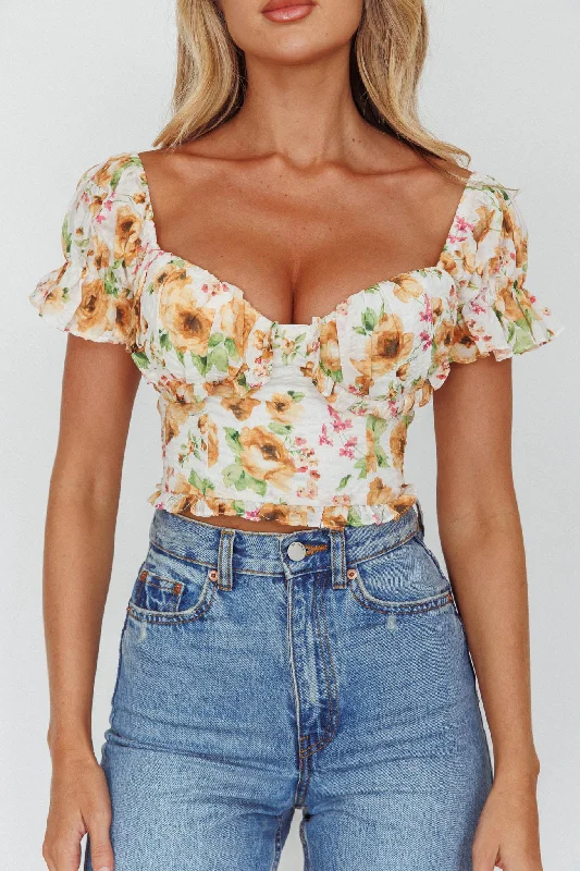 Besito Puff Sleeve Crop Top Floral White/Yellow