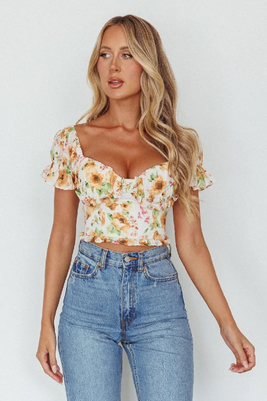 Besito Puff Sleeve Crop Top Floral White/Yellow