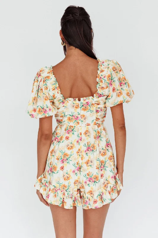 Costa Rica Puff Sleeve Romper Floral Beige