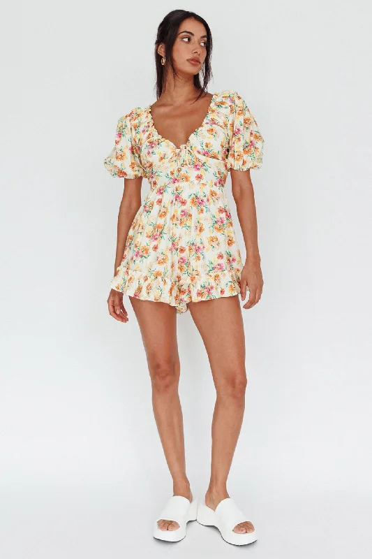 Costa Rica Puff Sleeve Romper Floral Beige