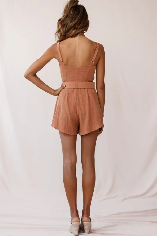 Crystal Tied Knot Belt Romper Tan