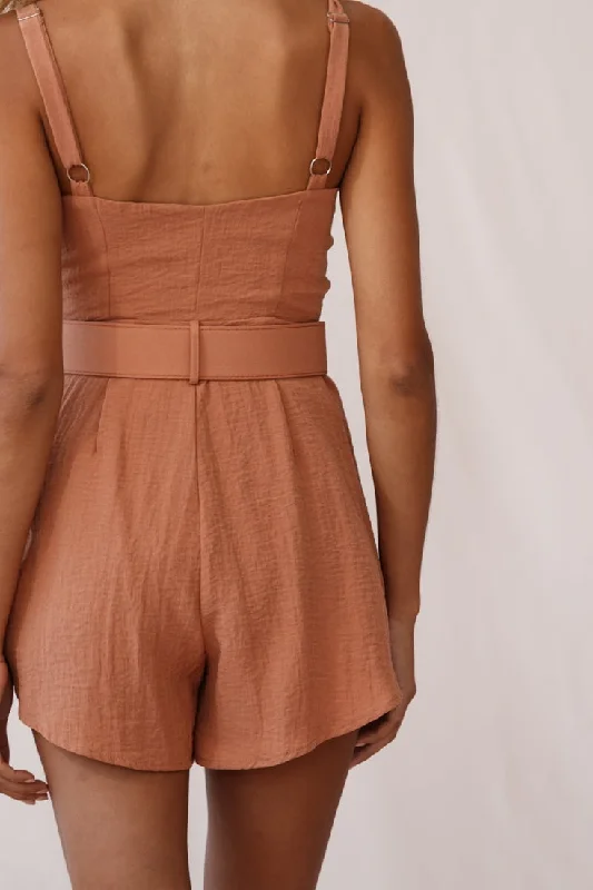 Crystal Tied Knot Belt Romper Tan