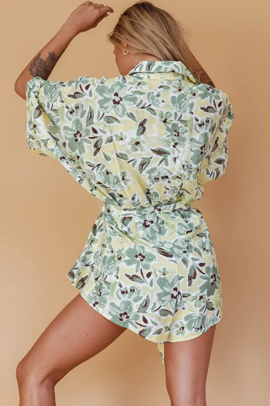 Daytona Beach Button-Up Romper Floral Olive