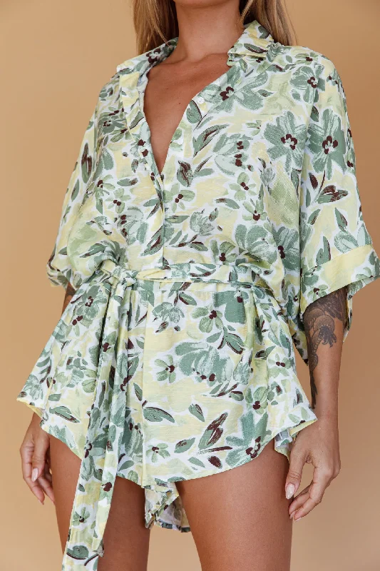 Daytona Beach Button-Up Romper Floral Olive