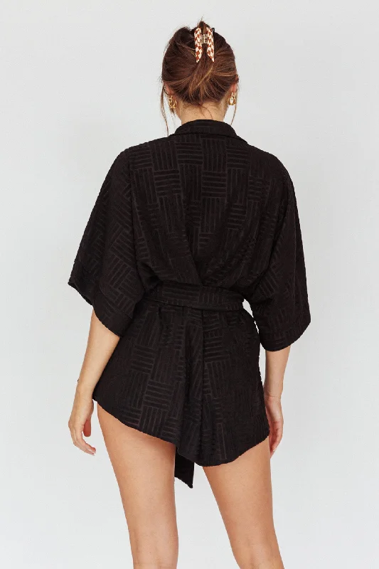 Daytona Beach Button-Up Romper Textured Black