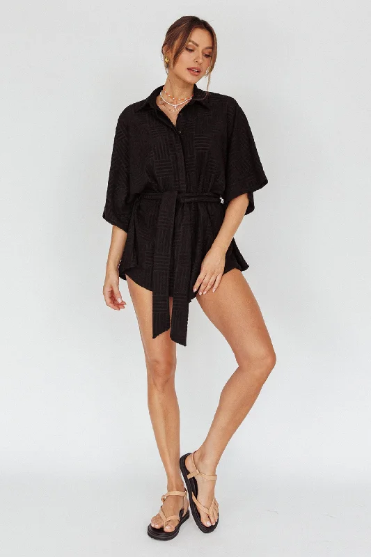 Daytona Beach Button-Up Romper Textured Black