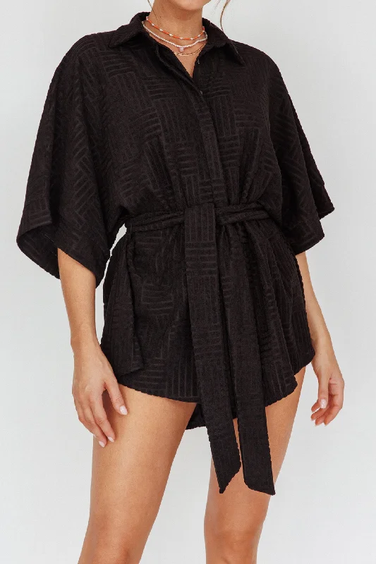 Daytona Beach Button-Up Romper Textured Black