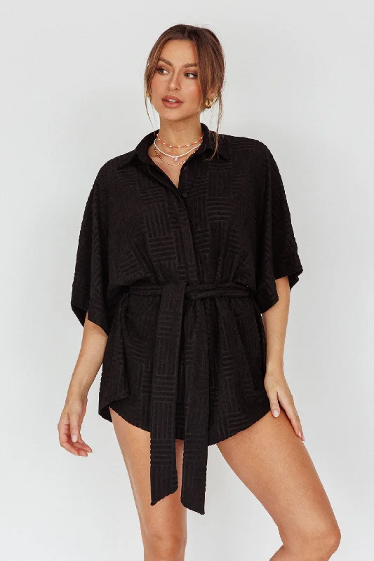 Daytona Beach Button-Up Romper Textured Black