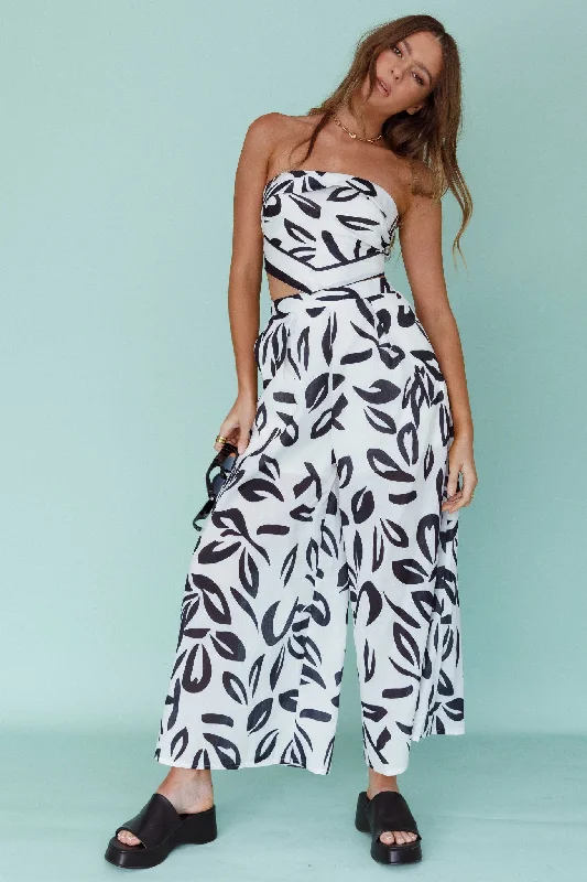 Randi Wide Leg Pants Leaf Print Black