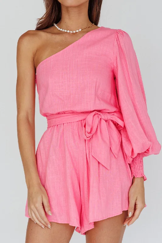 Summer Lover One-Shoulder Long Sleeve Romper Pink