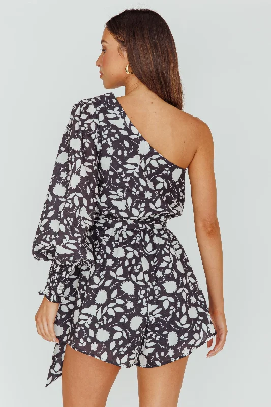 Summer Lover One-Shoulder Romper Floral Black