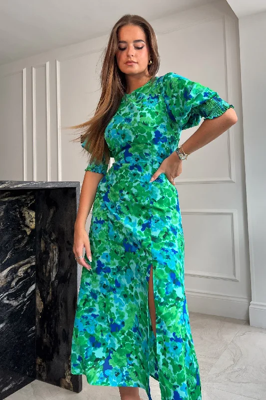 Shayla Green Floral Shirred Cuff Midi Dress