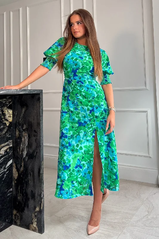 Shayla Green Floral Shirred Cuff Midi Dress