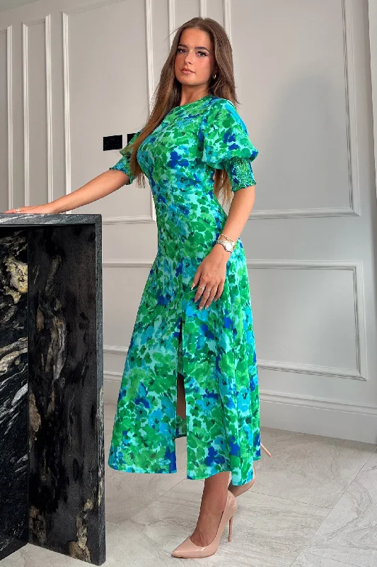 Shayla Green Floral Shirred Cuff Midi Dress