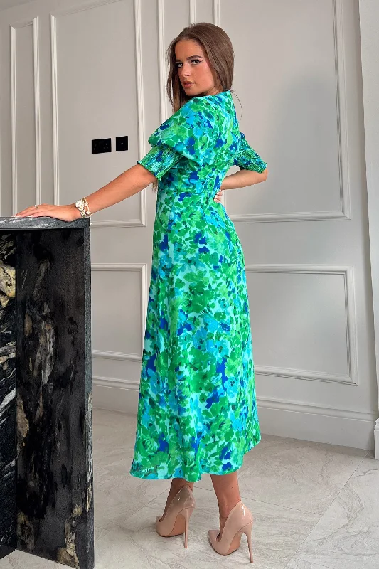 Shayla Green Floral Shirred Cuff Midi Dress